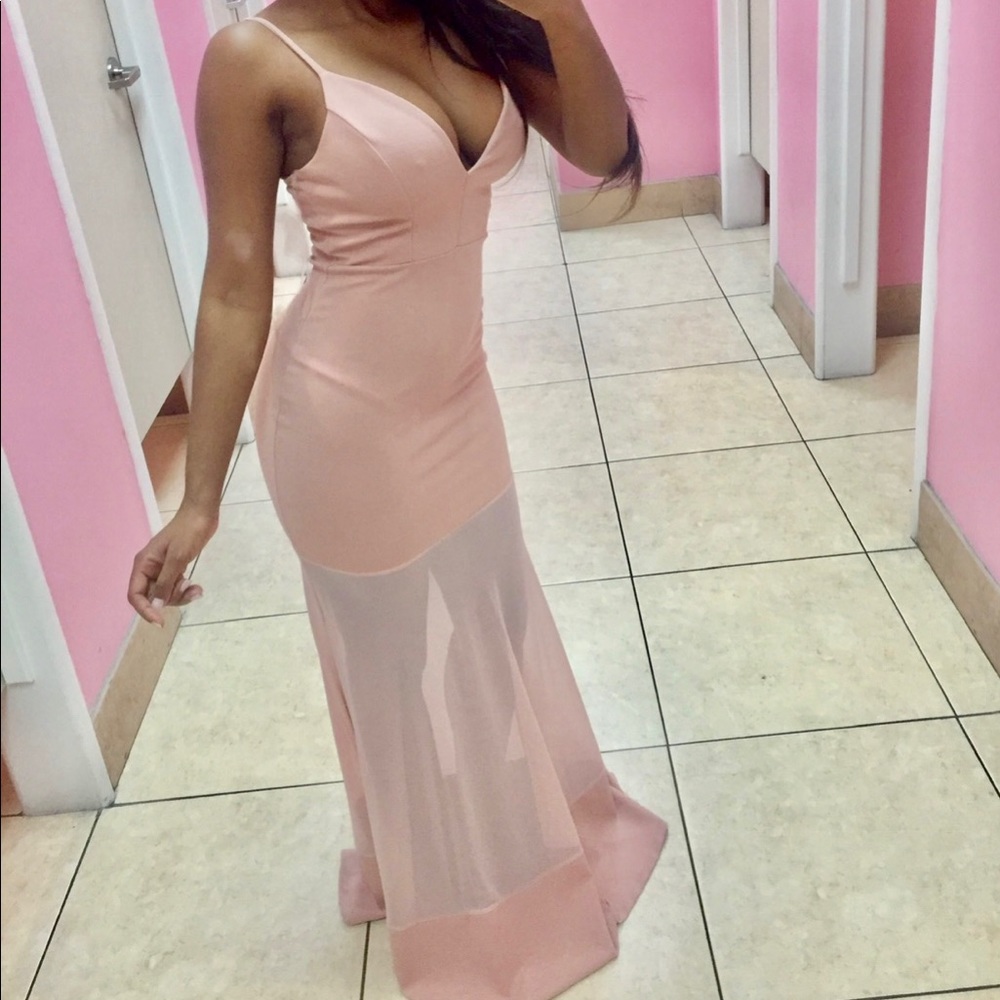 Blush pink V neck sheer floor length tight gown size small